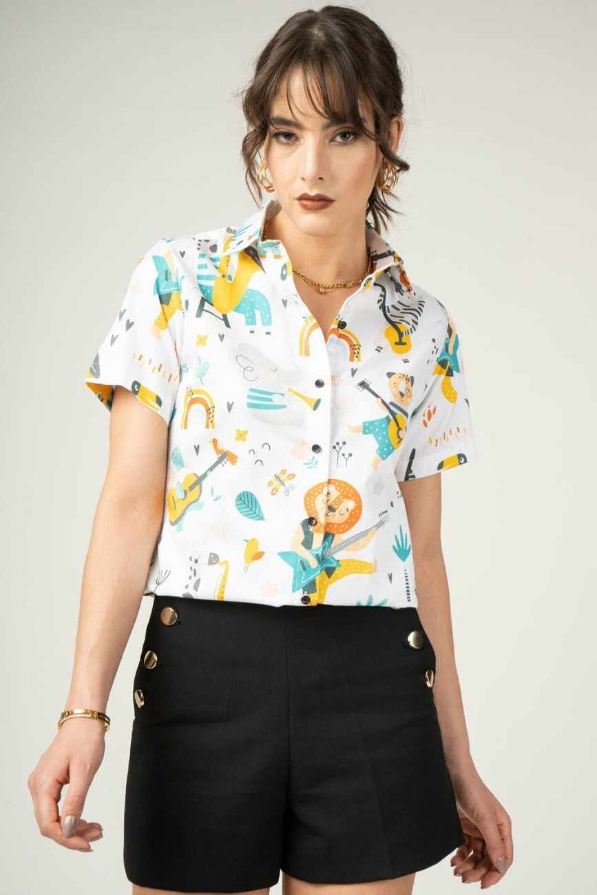 Women’s White Animal & Guitar Print Shirt