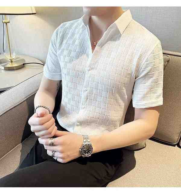 Men’s White Slim Fit Textured Short Sleeve Shirt