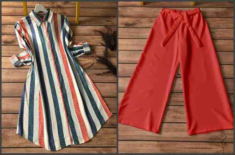 Striped Long Kurti with Red Palazzo Set