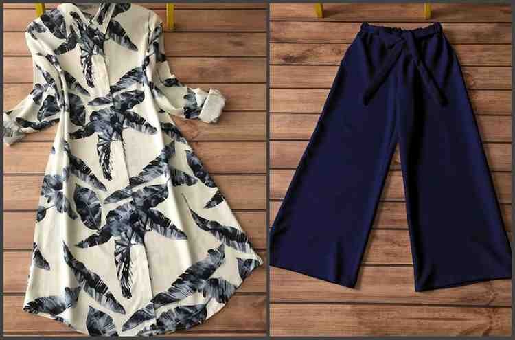 White Leaf Print Kurti with Navy Blue Palazzo Set