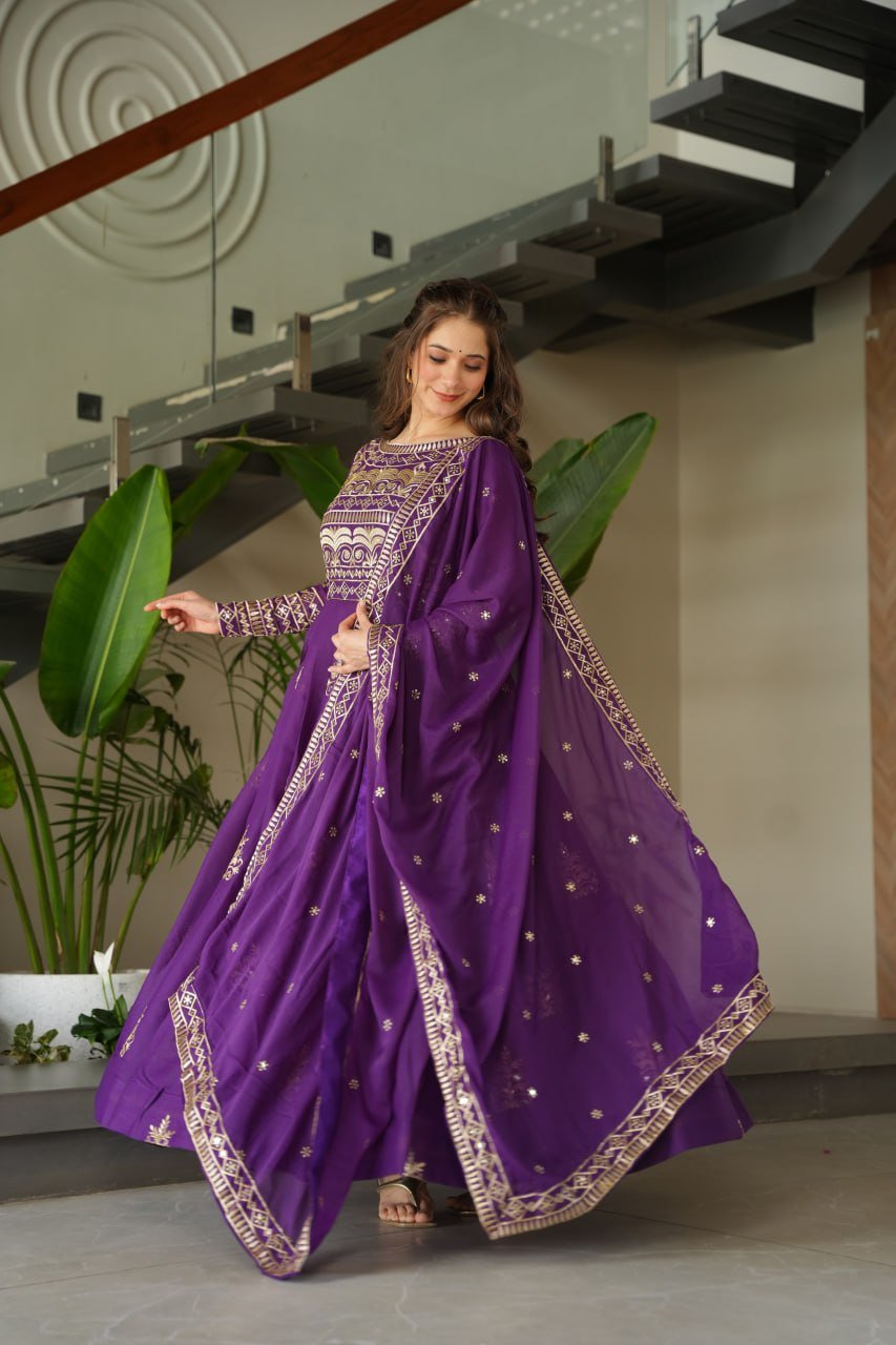 Premium Purple Chinnon Embroidered Gown with Dupatta